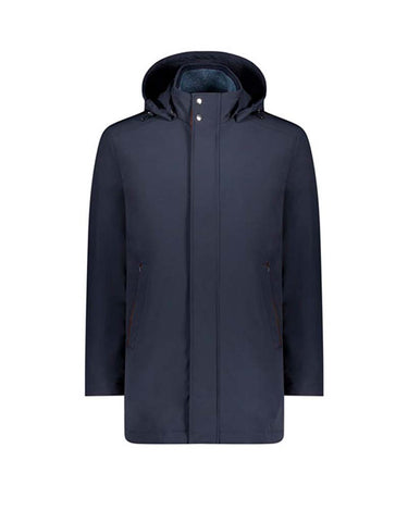 A Paul & Shark Typhoon Stretch Car Coat, Blue with a full front zipper, snap-button hood, and zippered hand pockets, shown on a plain white background.