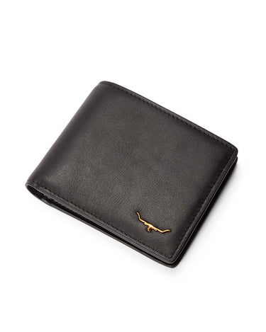 R.M. Williams Bifold Wallet, Black with Rip Curl branding on a white background