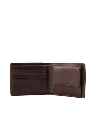 A R.M. Williams Bifold Wallet, Chestnut shown open, displaying its interior card slots, pocket, and a debossed logo on the left side, set against a plain white background.