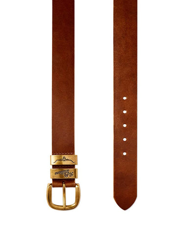 A R.M. Williams Drover Belt, Caramel shown vertically on a white background, with one strap section displaying the gold-tone buckle and the other showing the eyelets.
