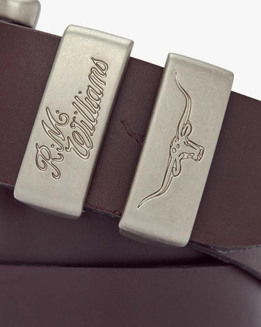 R.M. Williams Drover Belt, Chestnut Brown close up buckle