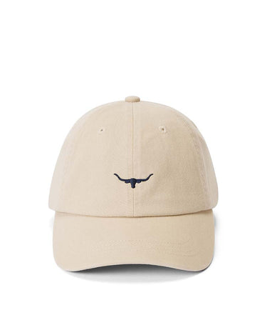 A R.M. Williams Longhorn Twill Cap, Ecru with a small navy blue embroidered longhorn logo on the front, set against a plain white background.