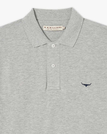 A close-up of a light gray heathered polo shirt by R.M.