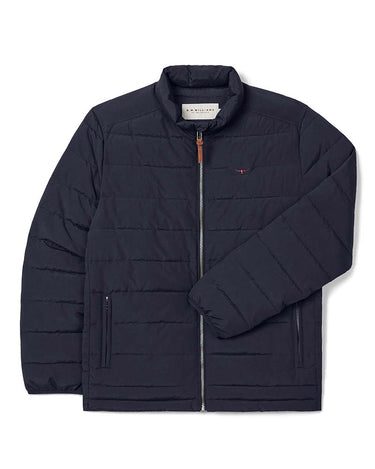 R.M. Williams Rydal Padded Jacket, Navy, featuring a full-zip front, stand-up collar, and the signature embroidered flag logo on the left chest.
