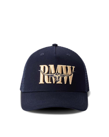 A R.M. Williams Steerhead Trucker Cap, Navy with gold embroidered 'RMW' lettering and a longhorn graphic on the front, set against a plain white background.