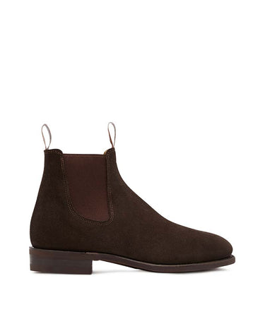 A R.M. Williams Suede Craftsman Boot, Chocolate with a matching dark brown pull loop and elastic side gore, shown in a side profile on a white background.