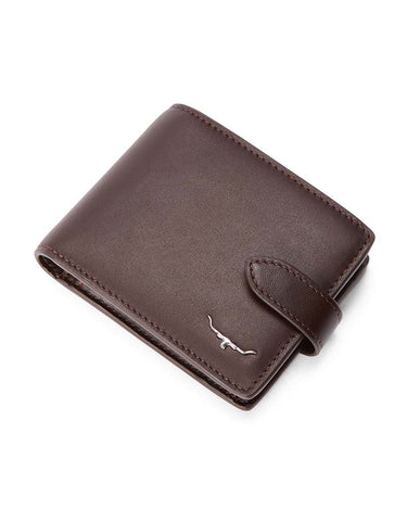 A R.M. Williams Wallet with Tab, Chestnutwith a snap-button tab closure and a small silver-toned longhorn logo on the front, shown on a clean white background.