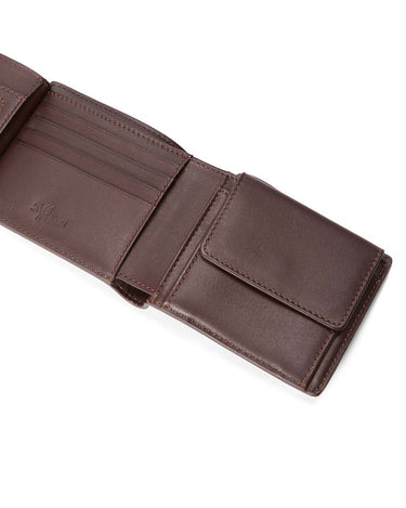 A R.M. Williams Wallet with Tab, Chestnut shown open, displaying its interior card slots and a front slip pocket, on a clean white background.