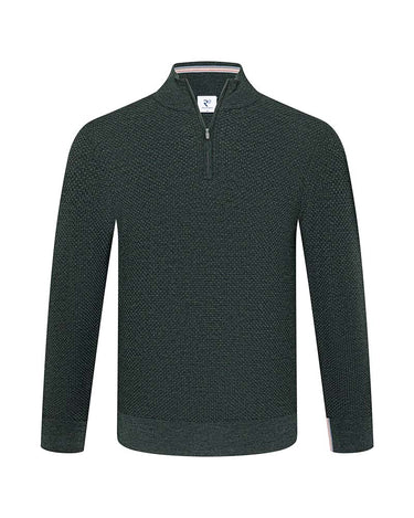 A R2 Merino Wool Half Zip in Dark Green with a stand collar, shown on a plain white background.