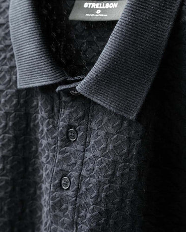 Close-up of a Strellson Mato Cotton Polo, Dark Blue and button placket, with a visible Strellson neck label.