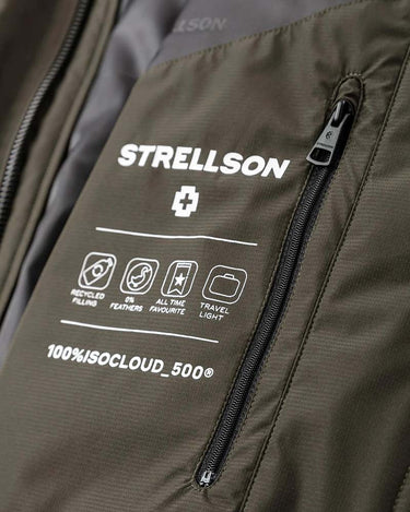 Close-up of an olive green Strellson jacket showing the chest pocket with white printed text and icons, including 'STRELLSON', '100%ISOCLOUD_500', and feature badges.