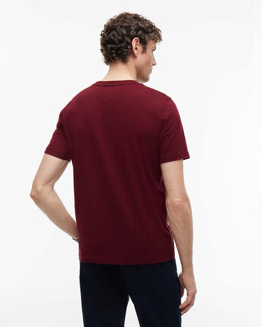 A man wearing a Tommy Hilfiger Flag Cotton T-Shirt, Wine, shown from the back against a plain white studio background.