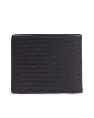 A Tommy Hilfiger Leather Bifold Wallet, Black with a perforated texture, shown closed on a plain white background.