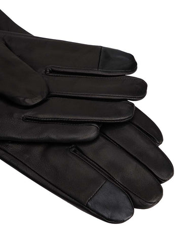 A pair of Tommy Hilfiger Napa Leather Gloves, Black with a smooth finish, shown overlapping on a plain white background.