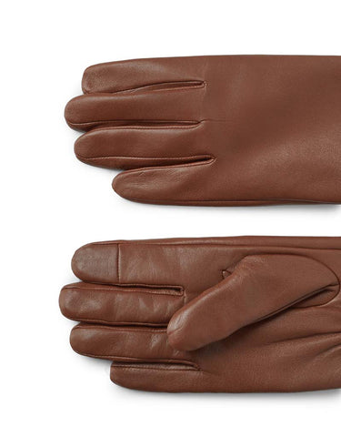 A pair of Tommy Hilfiger Napa Leather Gloves, Cognac Brown shown from two angles, one flat and one folded, on a plain white background.