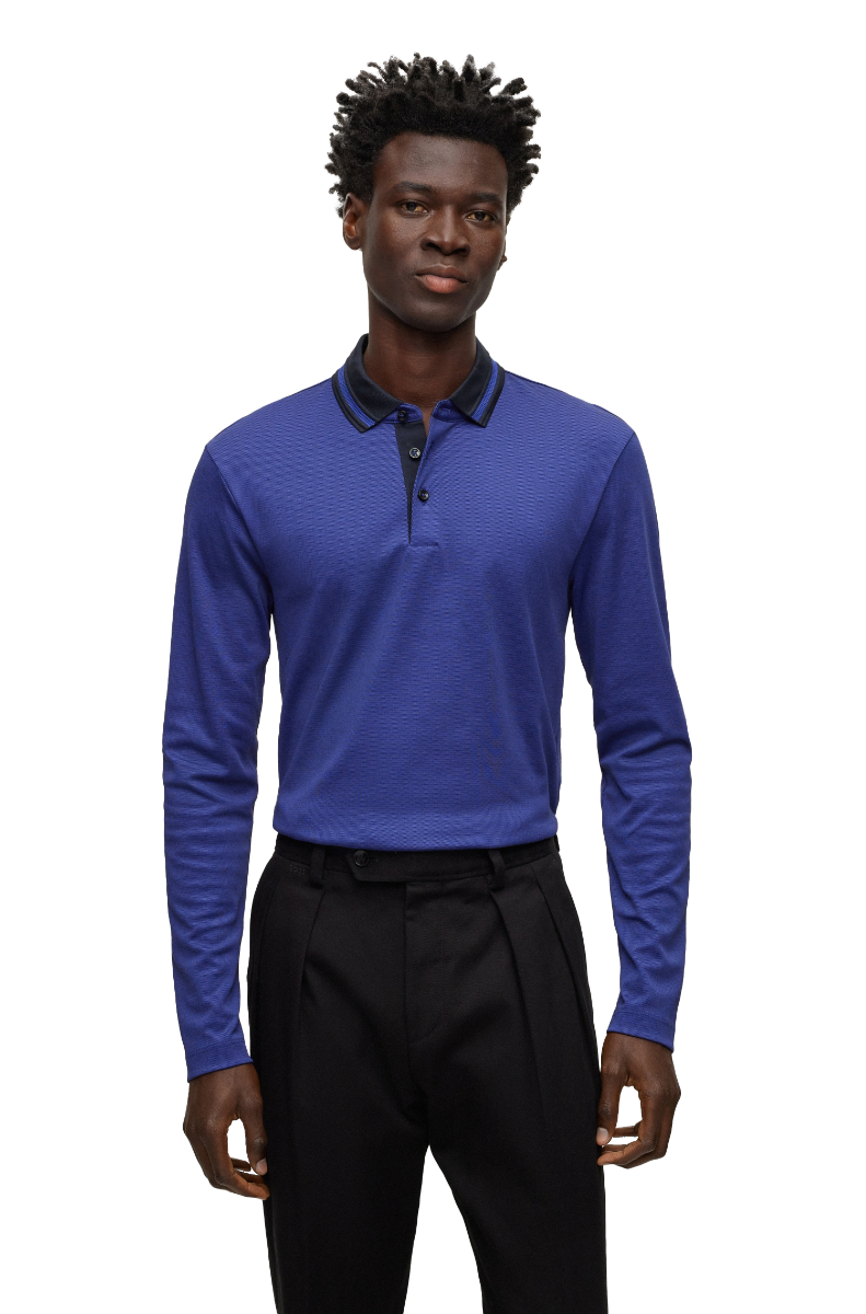 Pleins23 Slim-fit long-sleeved polo shirt with woven pattern Dark Blue