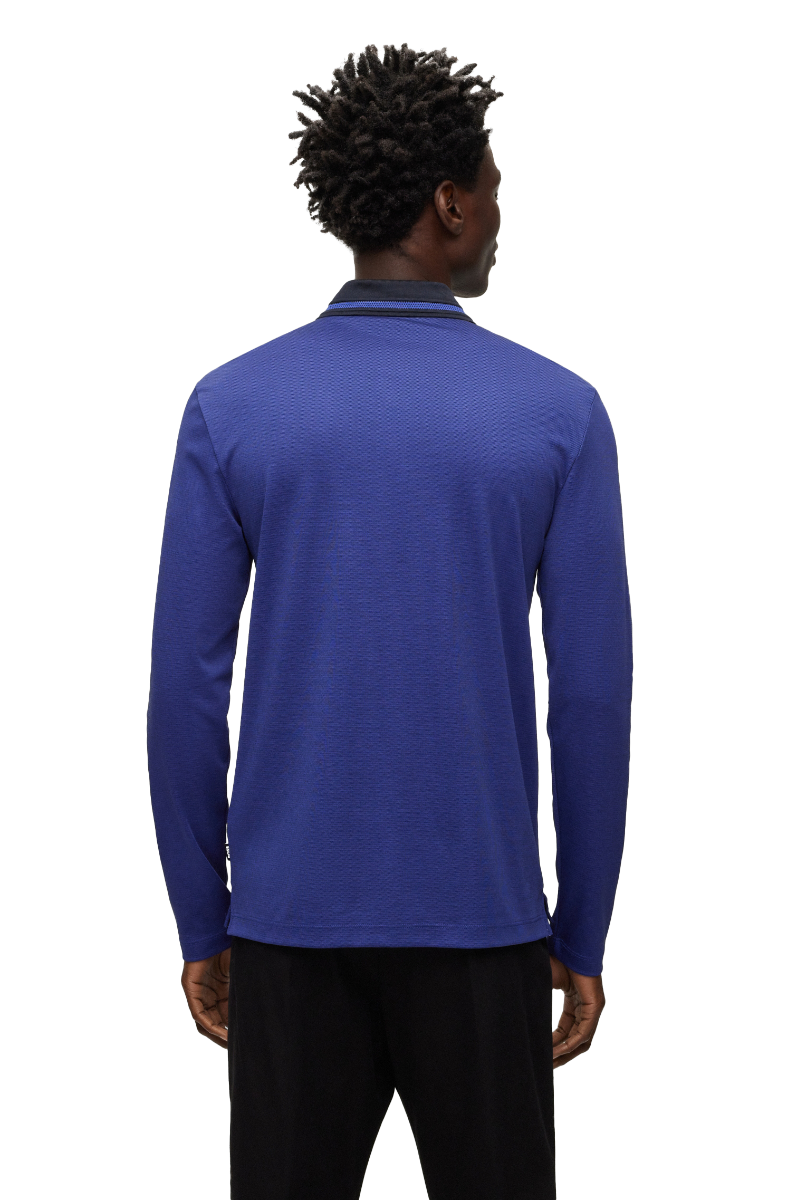 Pleins23 Slim-fit long-sleeved polo shirt with woven pattern Dark Blue