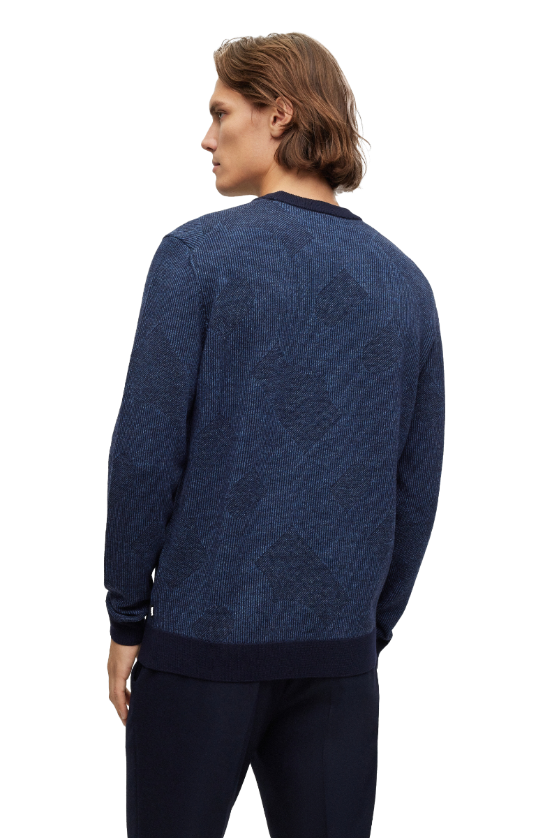 Motivo Virgin-wool sweater with two-tone monogram jacquard Dark Blue