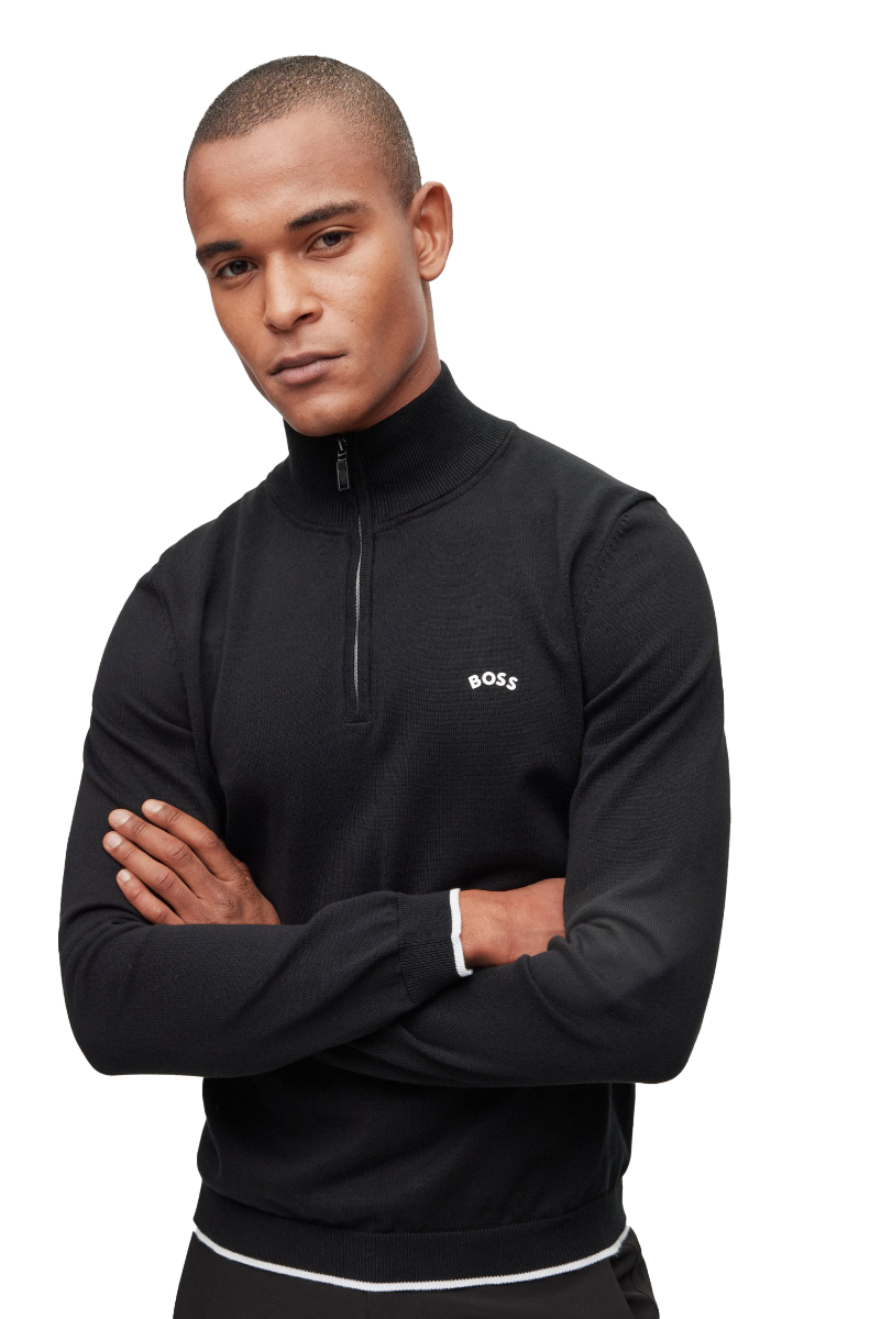 Zallo Organic-cotton zip-neck sweater with curved logo Black