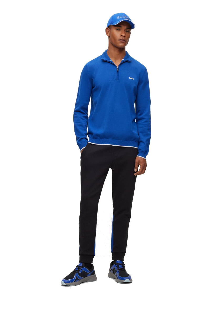 Zallo Organic-cotton zip-neck sweater with curved logo Bright Blue