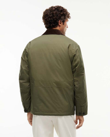 A man viewed from the back wearing an olive olive green Tommy Hilfiger Corduroy Collar Padded Ripstop Barn Jacket with a dark brown collar and white trousers, set against a plain white studio background.